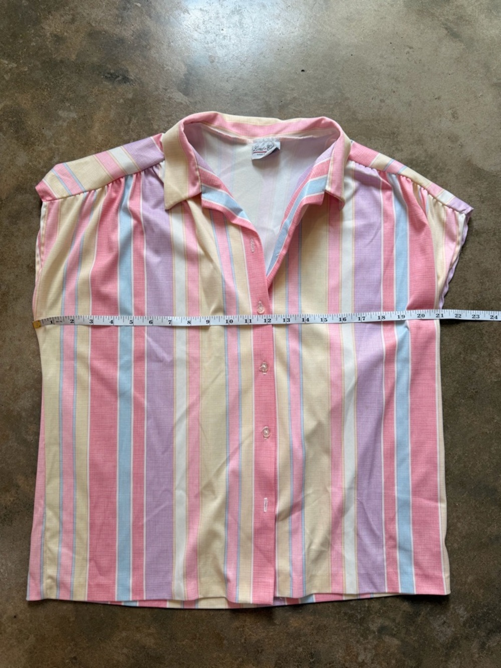 Vintage Pastel Striped Button Up Blouse Pink Yellow Short Sleeve L - Picture 8 of 9